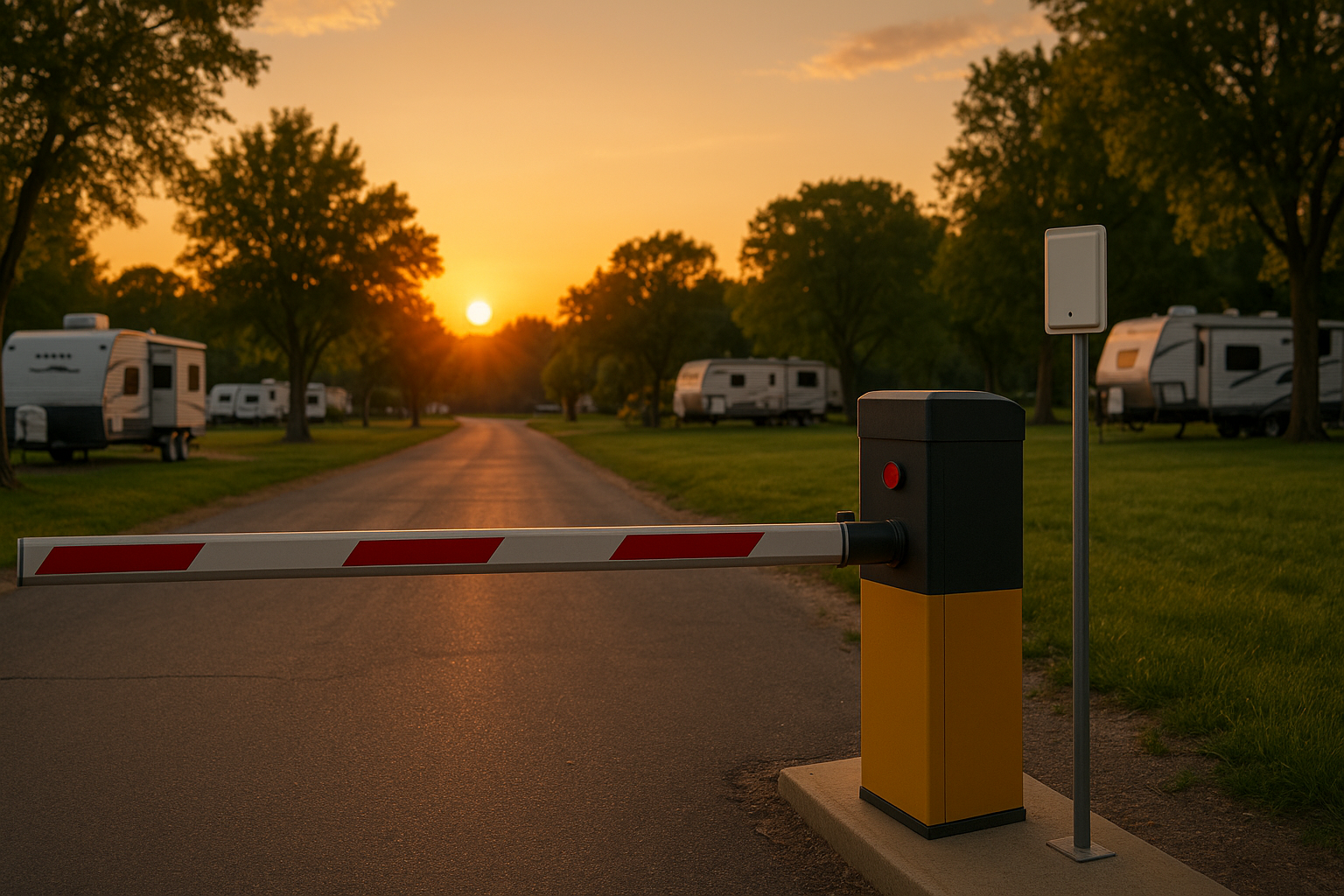 Vehicle entering a campground through an RFID-controlled gate